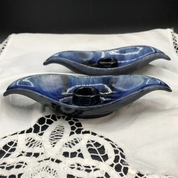 Blue Mountain Pottery Mid-Century Cobalt Blue Drip Glaze Candle Holders, Set 2 - Picture 5 of 5